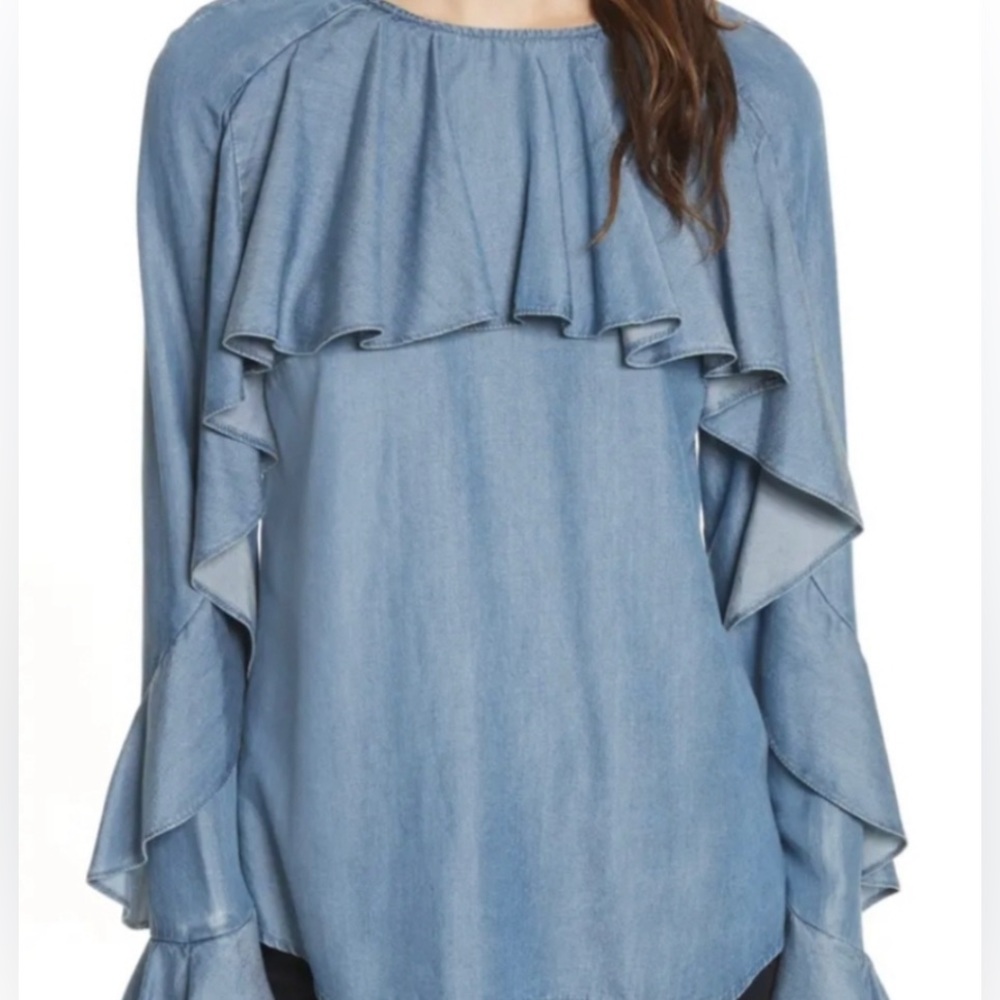 VERONICA BEARD JEANS Mia Jean Blouse  Ruffled Chambray SZ S